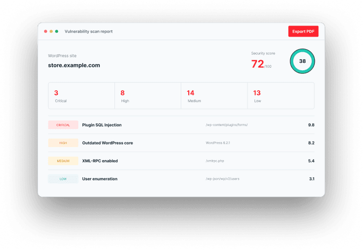 Vulnerability scan report showing confirmed WordPress findings