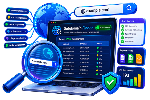 Subdomain Finder dashboard and DNS scan visualization